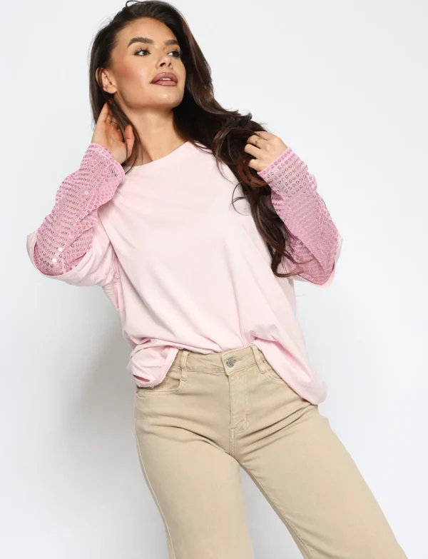 T-shirt met paillet mouw Mimi Lichtroze